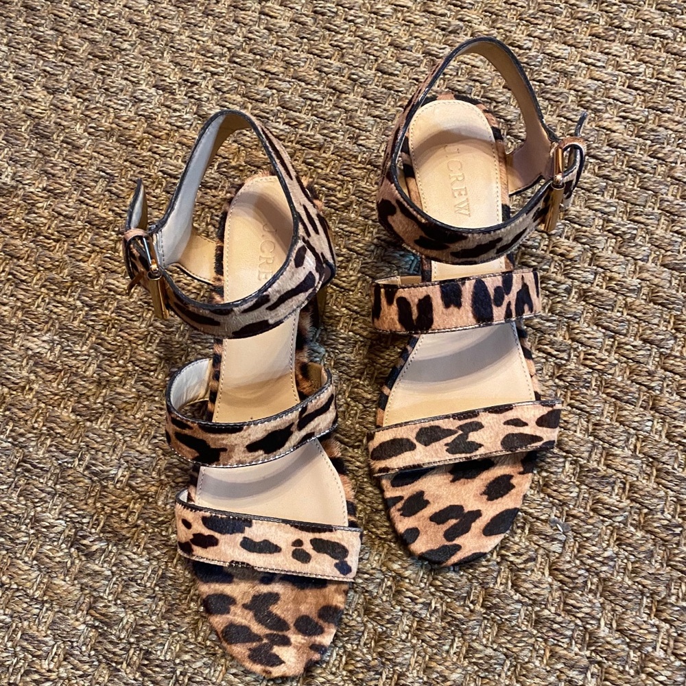 J Crew Calf Hair Leopard Low Block Heel Sandals